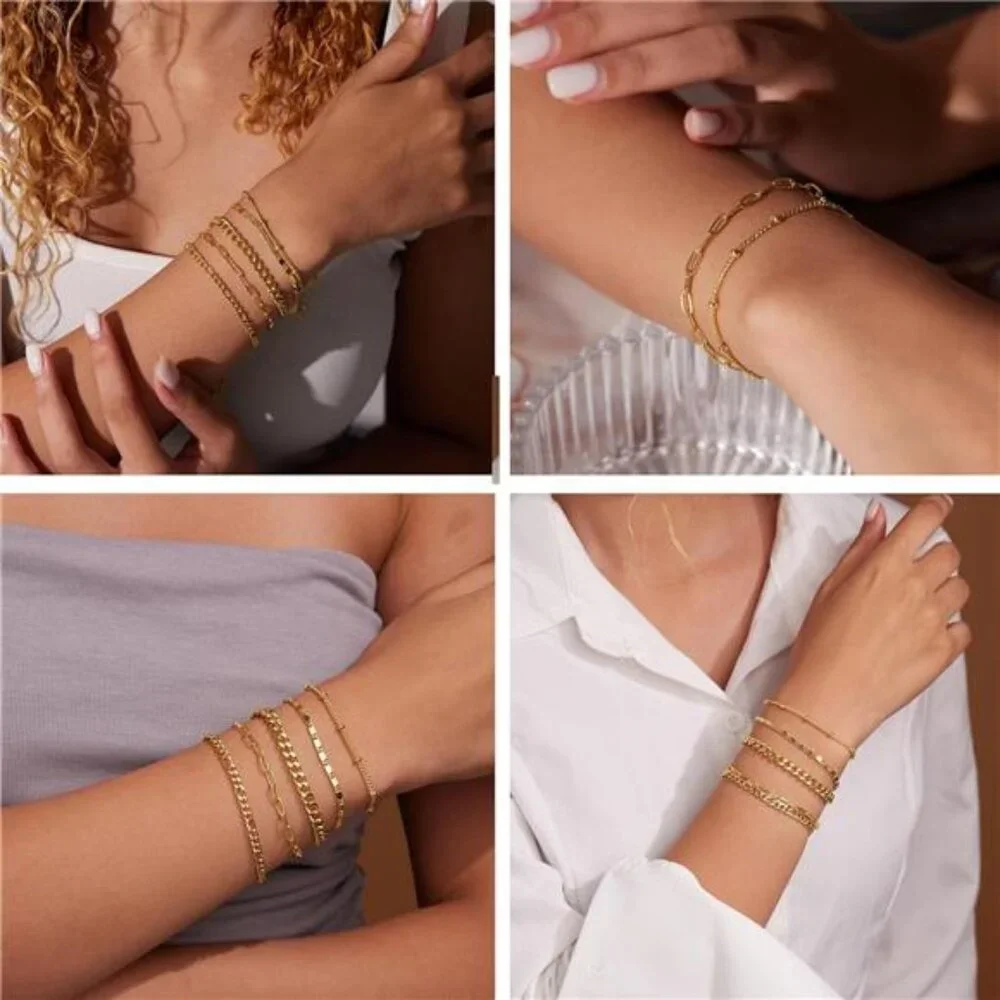 Gold Bracelets for Women Trendy,14K Real Gold Plated Dainty Stackable Paperclip